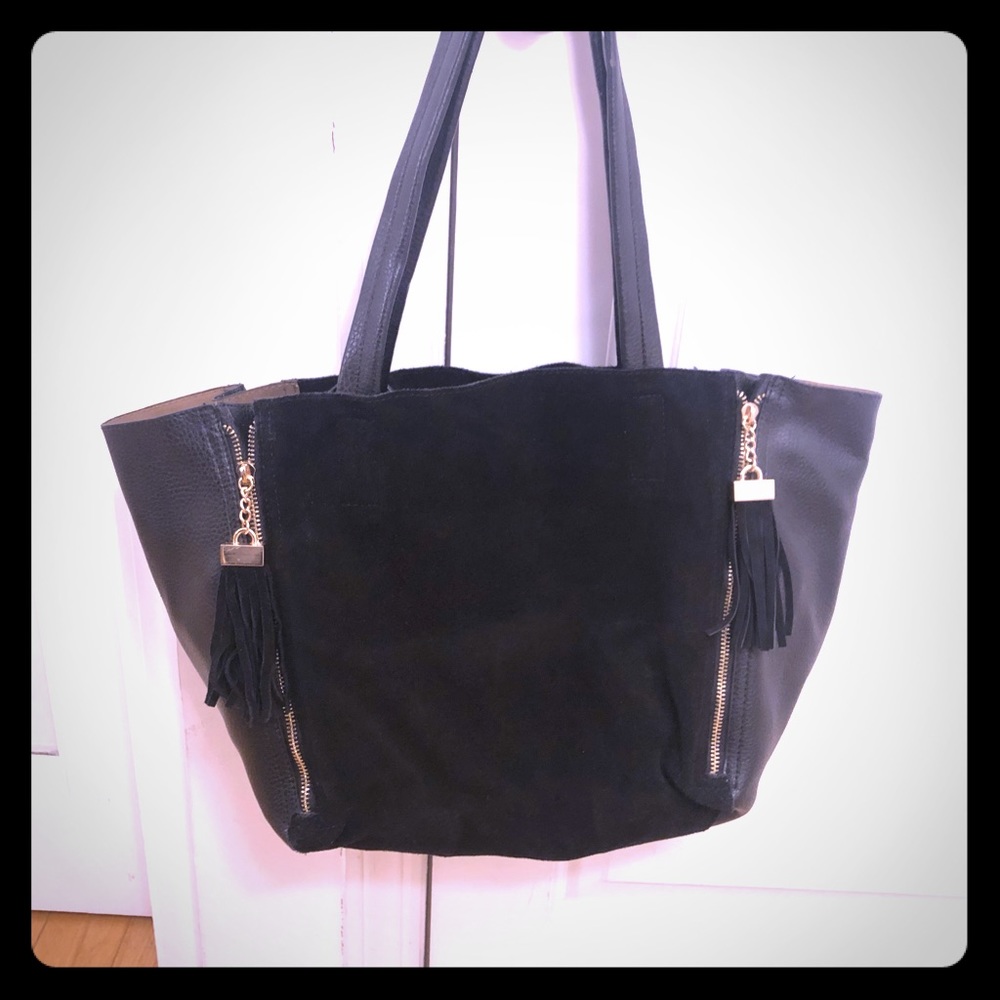 Vegan leather and suede tote